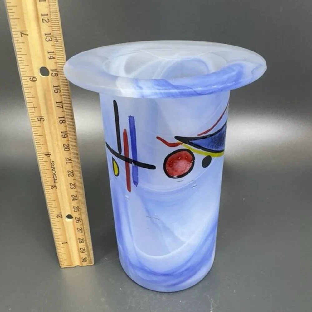 Hand Made German Art Glass Vase Vessel‎ Hand Painted Decorated Swirl Slag Glass